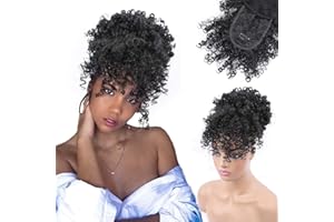 ENTRANCED STYLES Drawstring Ponytail with Bangs Afro Puff Ponytail Extensions for Women Short Curly Puff Ponytail with Bangs Clip in Wrap Updo Hairpiece for Women(1B)