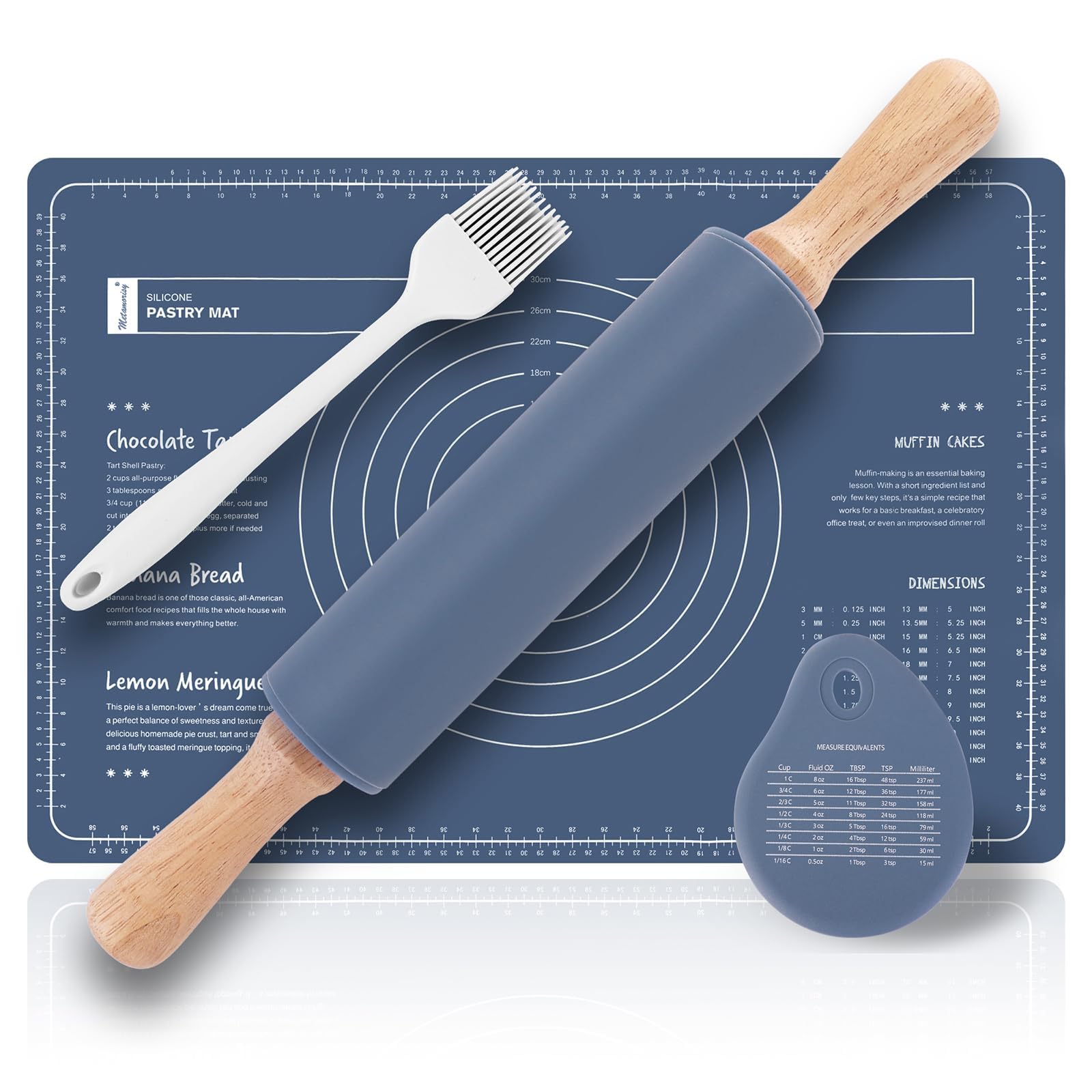 Metamorisy Wooden Rolling pin & Silicone Baking mats Set,Pastry Brushes and Dough Scraper, 38cm Dough Roller,60X40 Silicone Pastry mat,Baking Set of 4 (Blue)
