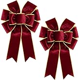 Ftuuo 2pcs Christmas Wreath Bows, Burgundy Velvet Bow for Wreath Golden Edged Vintage Xmas Crafts Decorative Ornament Bow for Indoor Outdoor Christmas Wedding Holiday Party Decorations