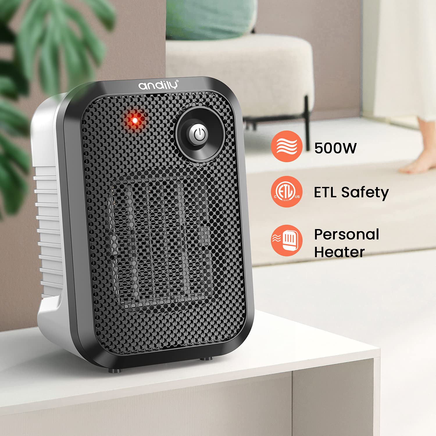 andily 500W Space Heater Electric Heater for Home&Office Indoor Use Small Heater on Desk with Safety Power Switch PTC WHITE