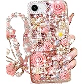 Changjia for iPhone 16e Glitter Bling Case,Cute Girly Luxury 3D Sparkle Crystal Rhinestones Flowers Diamond Pearl Gems with Lanyard Wrist Strap Women Girls Phone Case for iPhone 16e 6.1" 2025 (Pink)