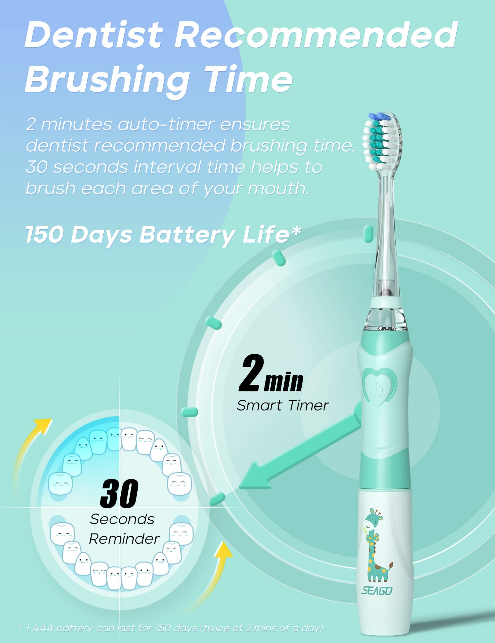 SEAGO Kids Electric Toothbrush with 2 Mins Brushing Timer and 4 Replacement Bursh Heads, Rainbow LED Light Make Brushing Fun, Green Color Boys Battery Powerd Toothbrush for 4-12 Years Old，SG-977