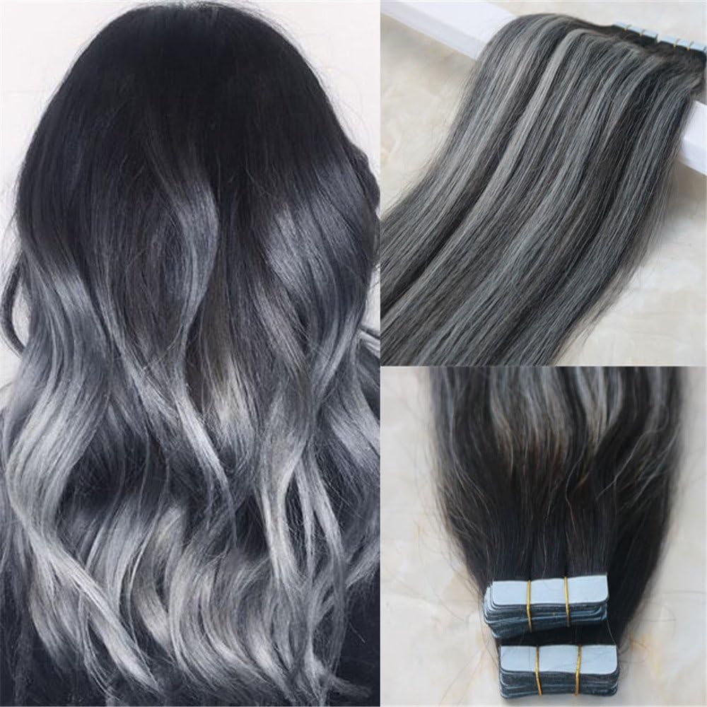 HairDancing 16" Balayage Ombre Color #1B to Silver Grey to #1B Ombre Tape In Skin Weft Remy Human Hair Extensions 100% Real Human PU Hair Extensions 50g 20 Pcs