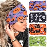 Olbye Headband - Wide Headbands for Women, Halloween Hairbands, Ghost Nonslip Turban Head Wraps, Workout Skull Cosplay Hairband, Yoga Hair Scarfs, 4 Count (Pack of 1), Polyester, Spandex