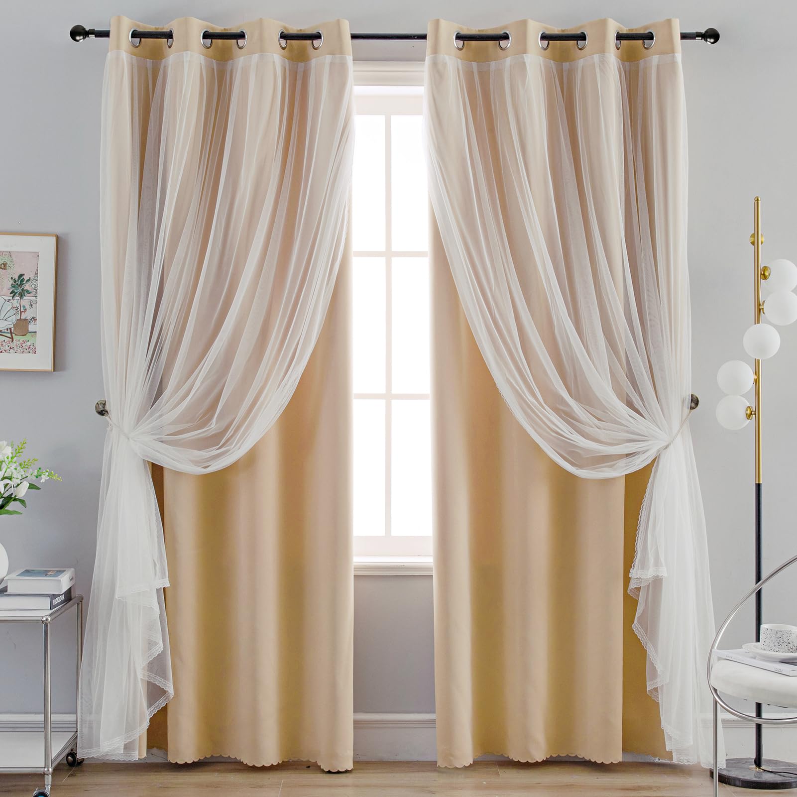 Photo 1 of Anytime Home Curtains Blackout and Sheer Layered Solid Window Curtain Panel Pair with Grommet Top, 52Wx84L,Beige