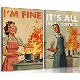 Funny Vintage Kitchen Canvas Wall Art Humorous 50s Cooking Pictures Wall Decor I'm Fine Housewife Posters Chef Baking Painting Print Artwork for Dining Room Restaurant Cafe Bakery Decor, Framed
