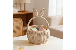 Handmade Rattan Easter Basket for Kid, 11x7x5 Inch Wicker Picnic Basket with Rabbit Ears & Handle for Egg Hunt, Candy Storage