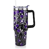 ZNYYZYBA 40 oz Halloween Tumbler with Lid and Straw, Stainless Steel Insulated Skull Tumbler 40 oz, Reusable Skull Flowers Cup with Leak Proof Lid, Halloween Gifts for Women