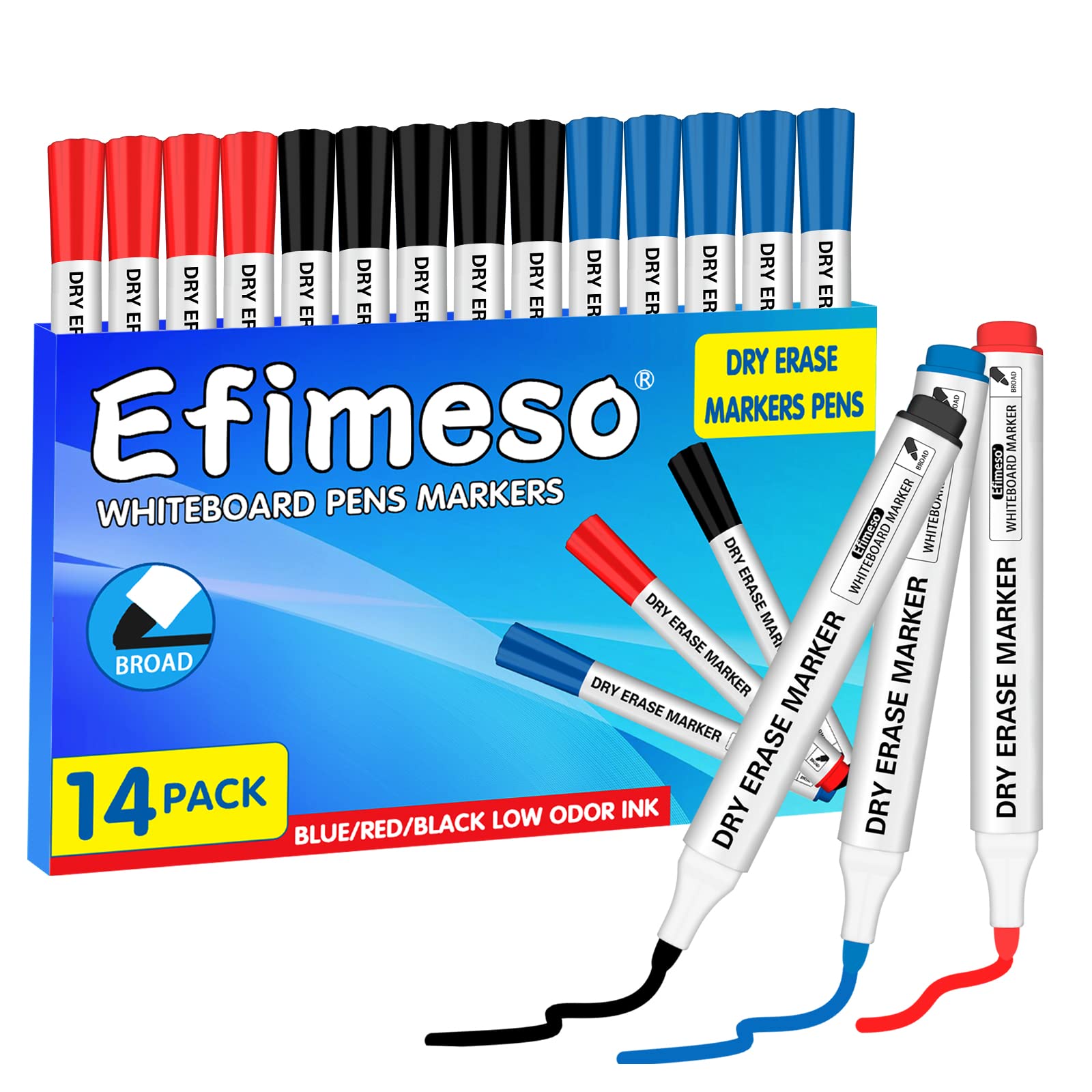 Efimeso Whiteboard Markers,14 Pack Dry Erase Marker White Board Markers Erasable,3 colours Black Blue Red Dry Wipe Marker Pens for Whiteboard Grass Office Home School