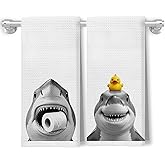 XUNLURY Funny Shark Bathroom Hand Towels, Shark Bathroom Decor, Sharks Gifts for Women Kids, Rubber Duck and Sea Animals Decorative Hand Towels for Bath Room, 16x24 Inch Set of 2