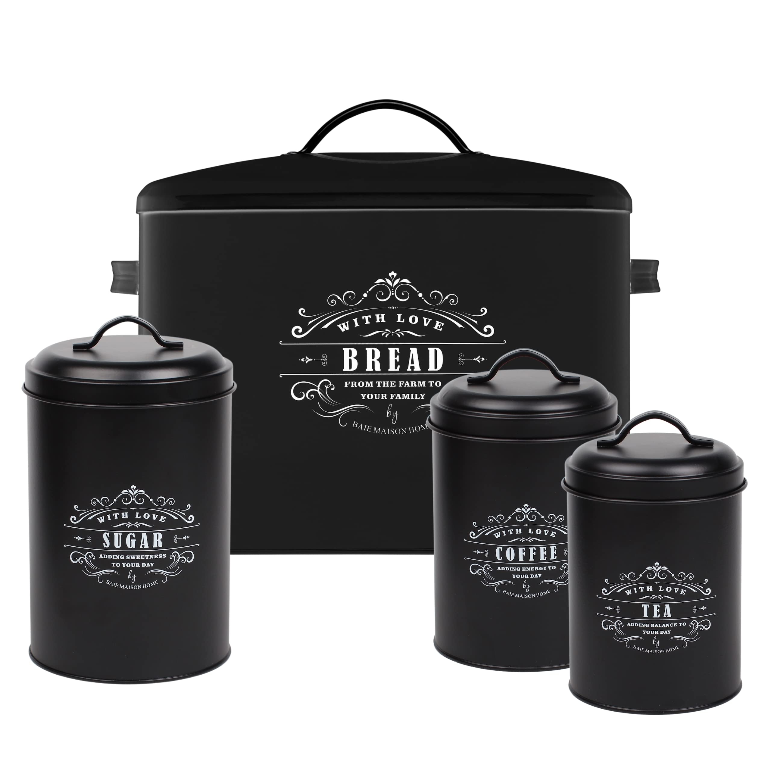 Photo 1 of **MISSING A LID**Baie Maison Extra Large Black Farmhouse Bread Box for Kitchen Countertop - Holds 2+ Loaves for All Your Bread Storage with Matching Large Kitchen Canisters Set of 3 - Coffee Tea Sugar Container Set