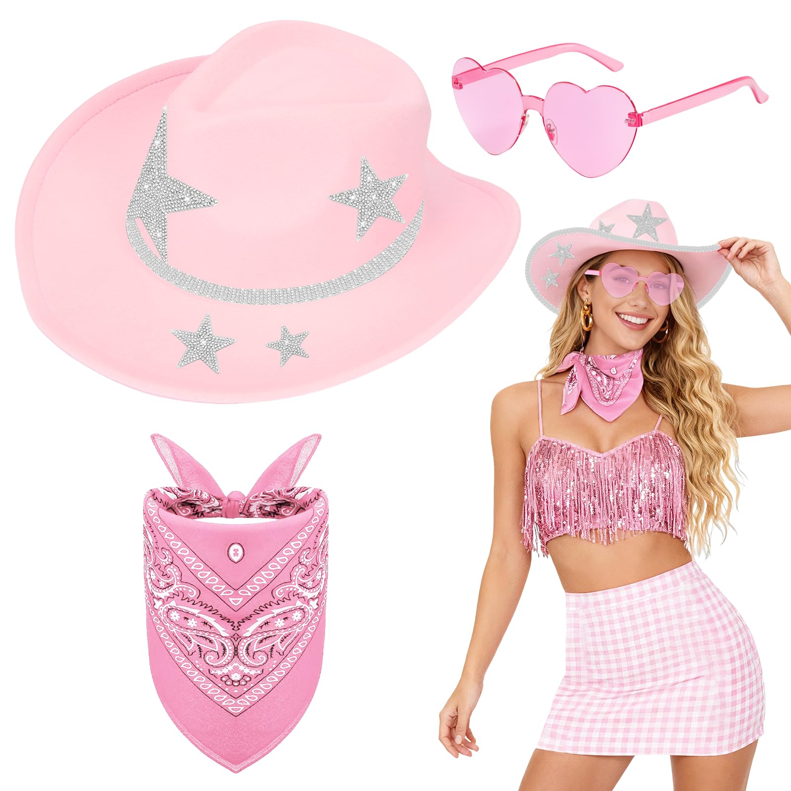 Kyndara 8Pcs Western Cowboy Hat Set, Cowboy Costume Accessory Kit with Hat Bandana Sunglasses Rhinestone Star Stickers Rhinestone Ribbon for Adult Carnivals Masquerade Halloween Parties