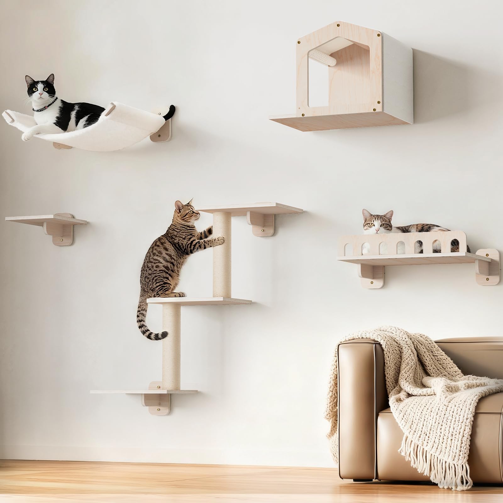 Photo 1 of KinoTail Cat Wall Shelves for Large Cats, 5-in-1 Cat Wall Furniture with Large Hammock and Wide Perch, Wooded Wall Climbing Furniture Set for Indoor Cats