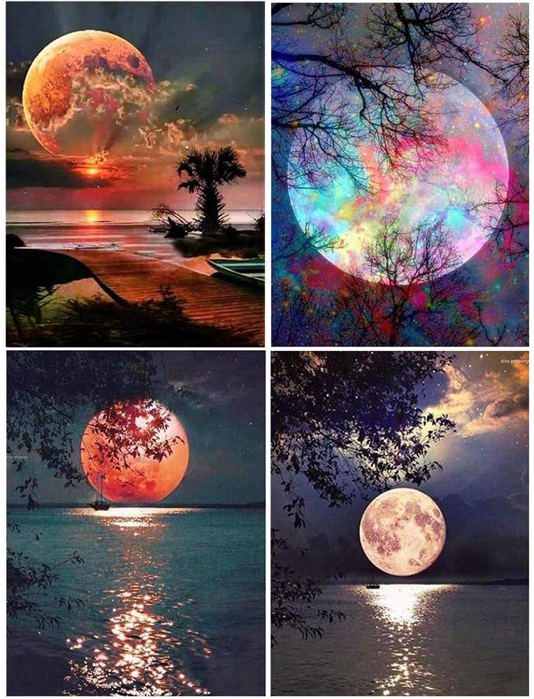 4 Pack 5D DIY Diamond Painting Set Full Drill Crystal Rhinestone Embroidery Pictures Adult Children Moon Arts Craft Night Wall Stickers for Living Room Decoration (12"x16")