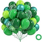 60pcs Green Balloons 12inch with Dark Lime Metallic Green Confetti Balloons for Jungle Dinosaur Safari Baby Shower Birthday Party Decorations