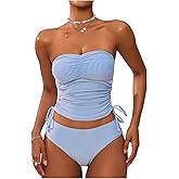 GORGLITTER Women's Striped Bandeau Tankini Swimsuits Side Drawstring Bathing Suit