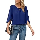 TASAMO Women Casual 3/4 Sleeve Scoop Neck Chiffon Blouse Spring Tops Office Wear