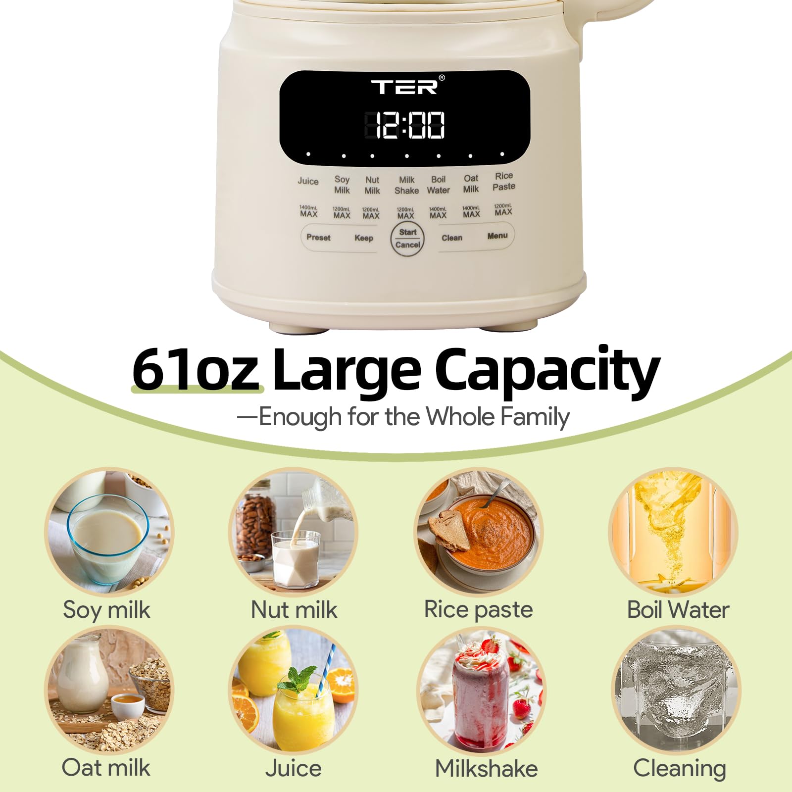 TER Máquina para hacer leche de nueces, 10 en 1 para hacer leche de soja, almendras/avena/leche de soja, jugo, batido, pasta de arroz, limpieza automática/tiempo preestablecido de 24 horas/12 horas para mantener caliente, con 7 accesorios, color beige