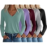 Huukeay 5 Pack Women's T-Shirts V Neck Long Sleeve Tops Casual Loose Fit Layering Shirts Flat Hem Basic Plain Work Tees
