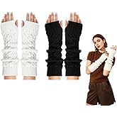 PT Haahoos 2 Pairs Arm Warmers, Mitten Gloves Arm Fingerless Sleeves with Thumb Hole, Fingerless Cable Knitted Gloves, Women's Cold Weather Arm Warmers