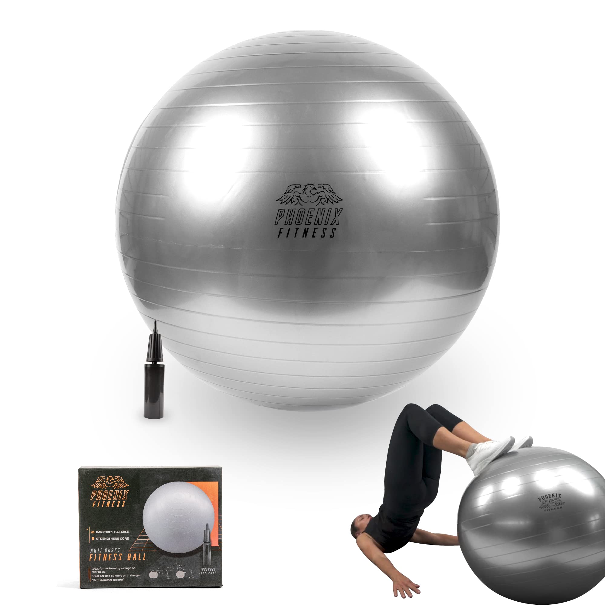 Phoenix Fitness Exercise Ball - Gym Ball for Yoga, Fitness, Pregnancy with Hand Pump - Anti-Burst Swiss Ball for Core, Balance & Stability - Grey, 65cm