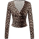 WDIRARA Women's Leopard Print Deep V Neck Shirt Long Sleeve Wrap Ruched Blouse Tops