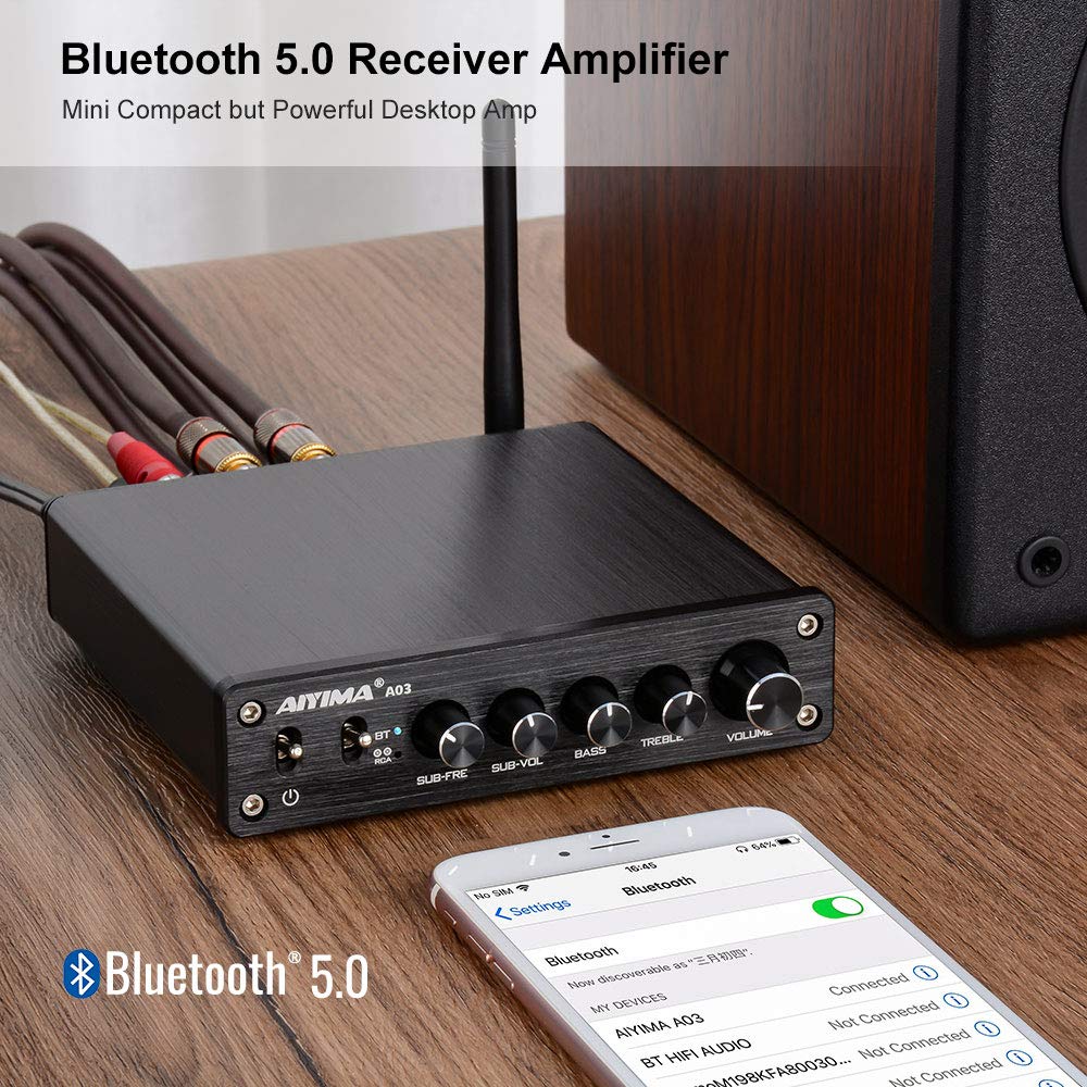 AIYIMA A03 2.1 Channel Class D Amplifier 50W * 2+100W TPA3116 Bluetooth Stereo Amp HiFi Power Amplifier with Power Adapter for Home Outdoor Passive Speakers/Subwoofer/Active sub