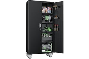 Greenvelly Metal Storage Cabinet with Wheels,72” Black Garage Storage Cabinet with Pegboards and Wheels, Rolling Tool Cabinet with Locking Doors and Shelves for Home,Basement, Kitchen Pantry,Warehouse