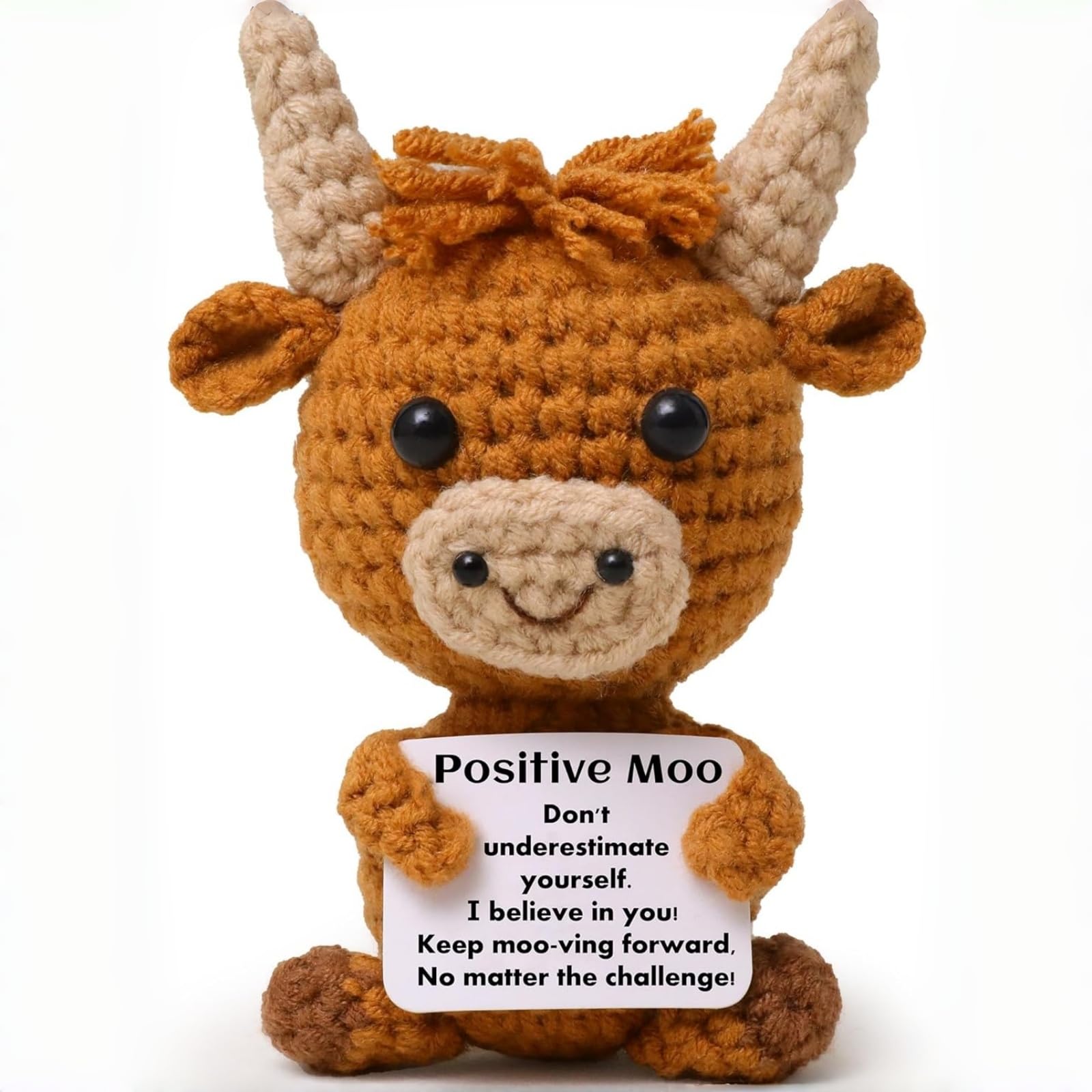 QIANSSE Handmade Crochet Doll, Mini Emotional Support Animal Gift with Inspirational Card, Soft Plush Desk Decor for Adults Unique Motivational Present (Highland Cow)