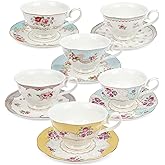 fanquare Colorful Floral Porcelain Coffee Cups with Saucers, British Tea Cups Set for 6, Classic Rose Tea Party Set for Women