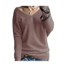 LONGMING Women's Fashion Big V-Neck Pullover Loose Sexy Batwing Sleeve Wool Cashmere Sweater Winter Tops(Dark Tan, M)