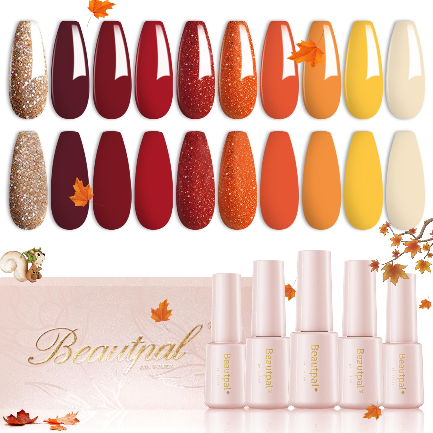 Beautpal Fall Autumn Gel Nail Polish Set - 10 Colors, Yellow, Orange, Red, Gold Glitter Pumpkin Polish - Salon DIY Soak Off Manicure Nail Art Gifts