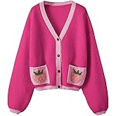 SHENHE Women's Kawaii Strawberry Pattern Cardigan Long Sleeve Open Front Casual Fall Sweater