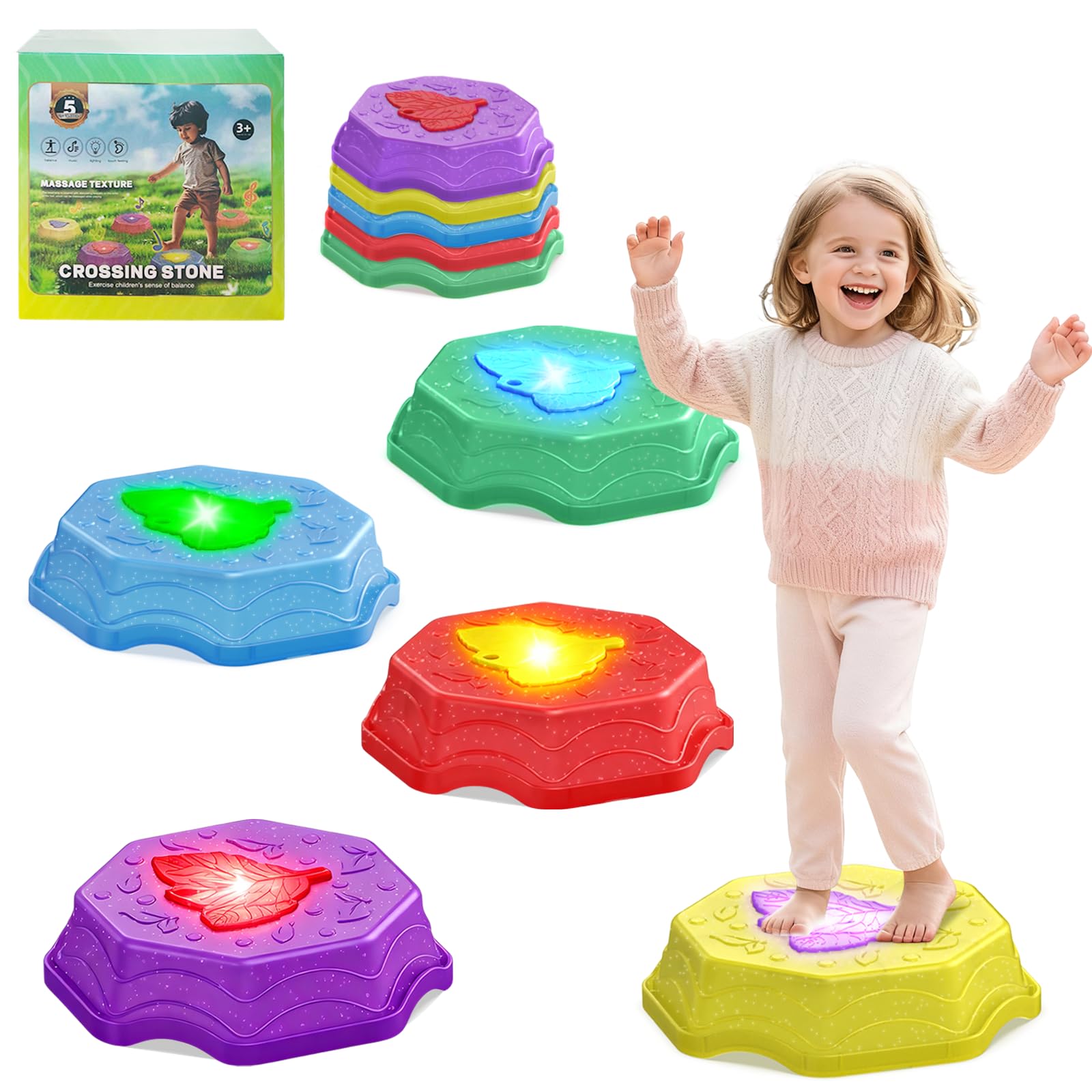 ABVSAB Stepping Stones for Kids with Light & Music,Toddler Sensory Toy for Obstacle Course Coordination，5 Pcs Balance Beams Birthday Gifts for Girls Boys Kids 3+