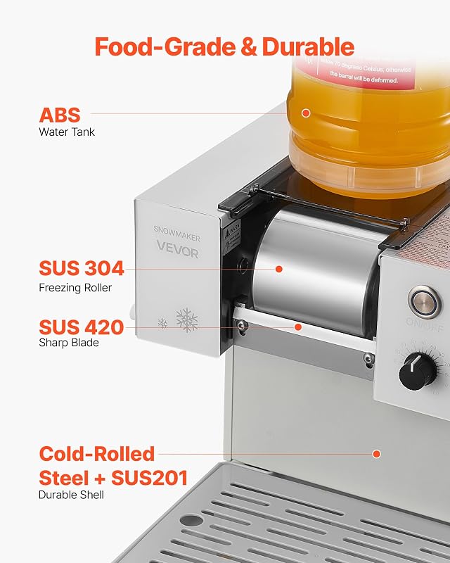 Broyeur à Glace Pilée 60 kg/24 h, Machine à Glace Râpée Flocon de Neige, avec Lame en Acier Inoxydable, Réservoir de 1,8 L, Pré-refroidissement Rapide, pour Dessert Boulangerie Café Maison — photo 6 sur 8