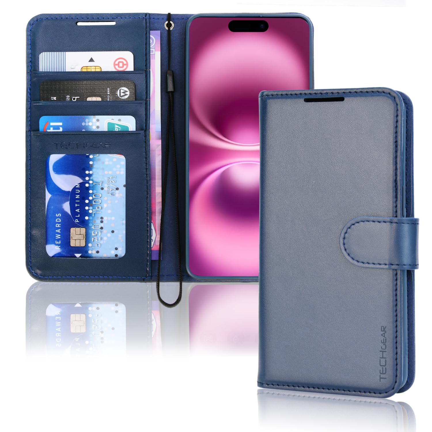 TECHGEAR iPhone 16 Leather Wallet Case, Protective Flip Case Cover with [RFID BLOCKING] Wallet Card Holder, Stand and Wrist Strap - Blue PU Leather with Magnetic Closure for iPhone 16 6.1"