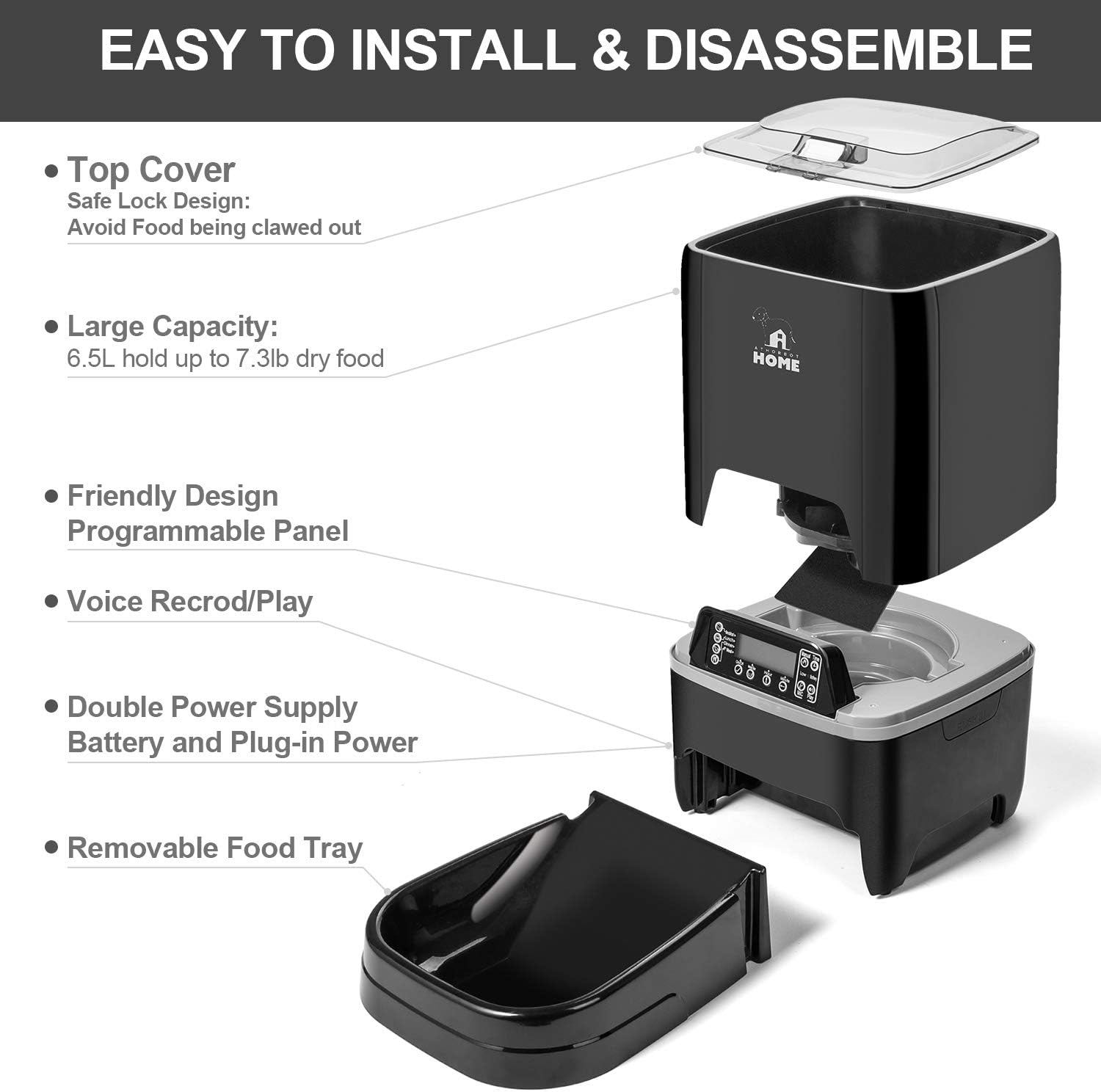 Automatic Pet Feeder | Auto Cat Dog Timed Programmable Food Dispenser Feeder for Medium Small Pet Puppy Kitten - Portion Control Up to 4 Meals/Day, Voice Recording, Battery and Plug-in Power 6.5L(Black) : Pet Supplies