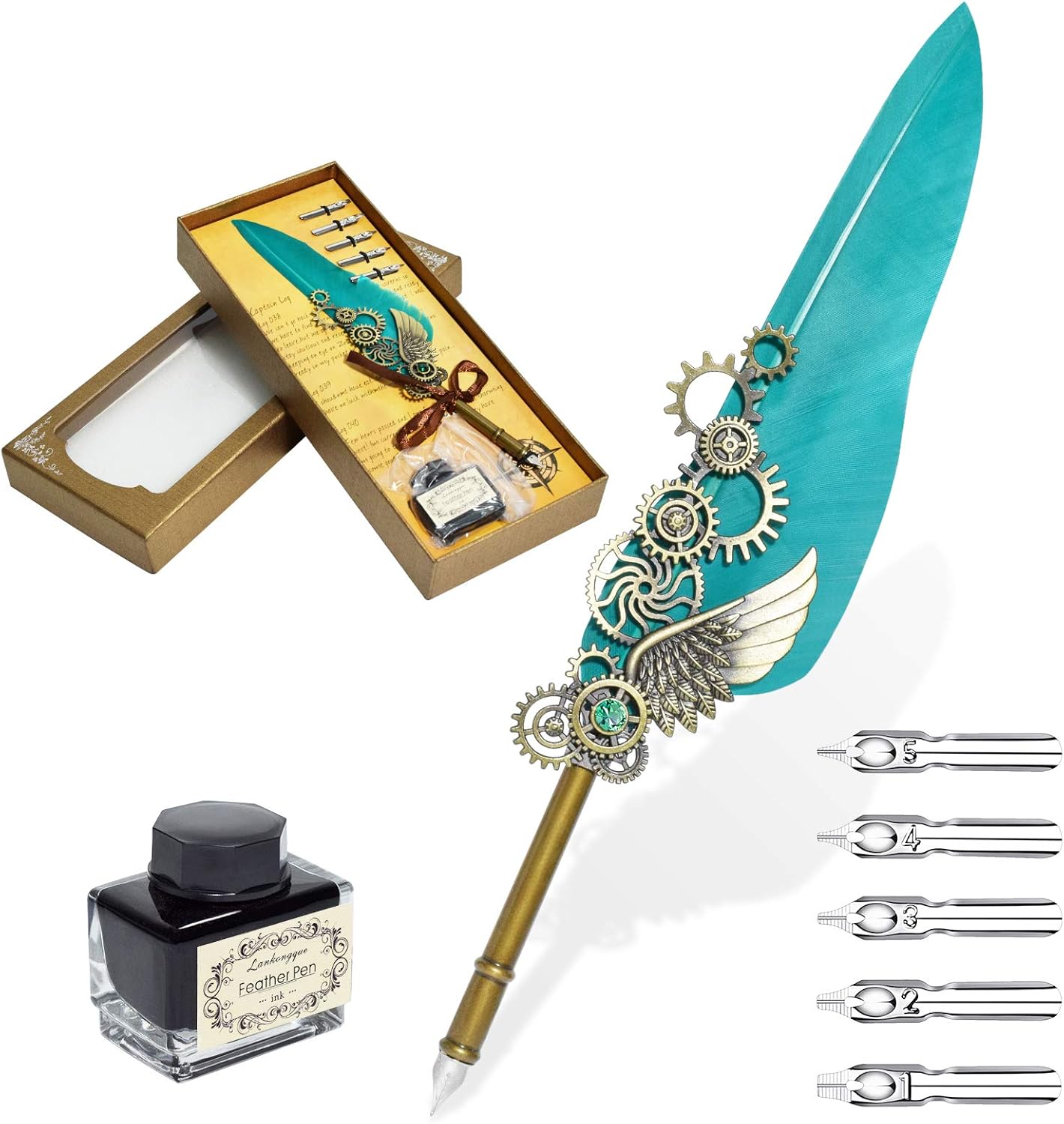 Antique Feather Quill Pen and Ink Set，Vintage Calligraphy Feather Pen