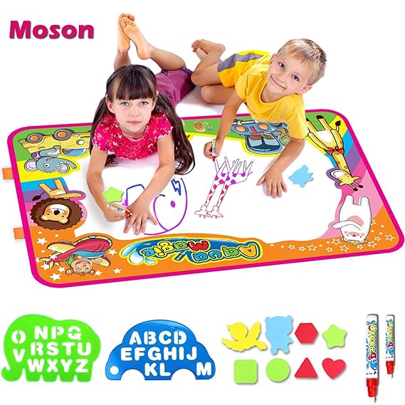 Moson Wasser Doodle Matte, Aqua Doodle Matte mit 2 Magischer Stifte, 8 x Formen und 2 Schablonen,Wasser Zeichnung Matte Spiel