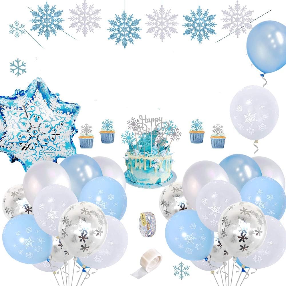 SPECOOL Snowflake Birthday Party Decorations, DIY Cake Toppers, Frozen Blue & White & Confetti Latex Balloons for Girls Women Birthday Baby Shower Party Backdrop