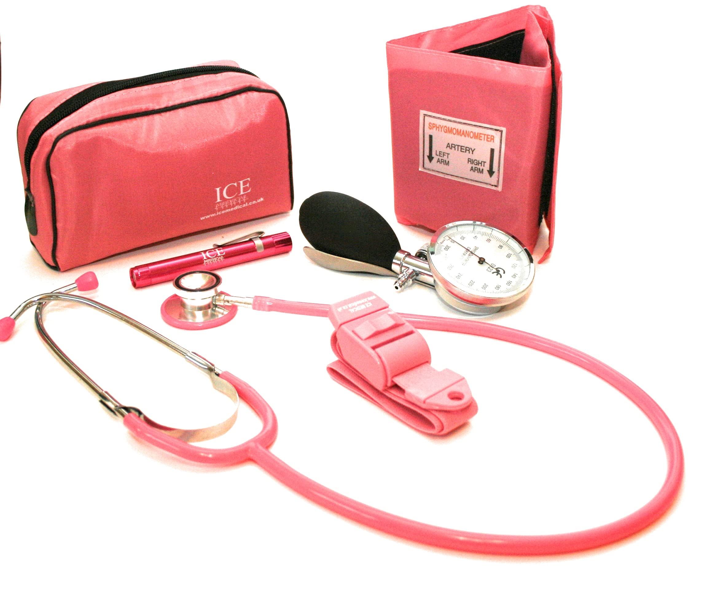 Pink Aneroid Blood Pressure Monitor Sphygmomanometer, Stethoscope, Pen Light (Pen Torch) and Tourniquet - GP Set