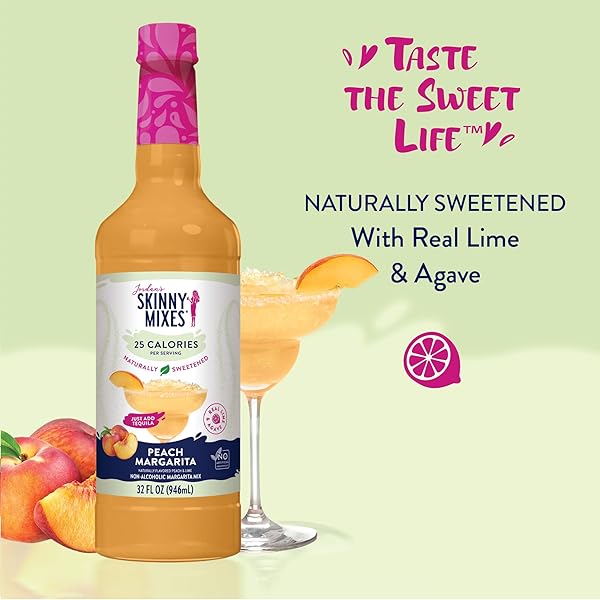 JORDAN’S SKINNY MIXES SYRUPS SUGAR FREE SYRUP, NATURALLY SWEETENED PEACH MARGARITA MIX, 32 OZ, LOW CALORIE FLAVORING, PROTEIN SHAKE, COCKTAIL & MORE, GLUTEN FREE, KETO FRIENDLY
