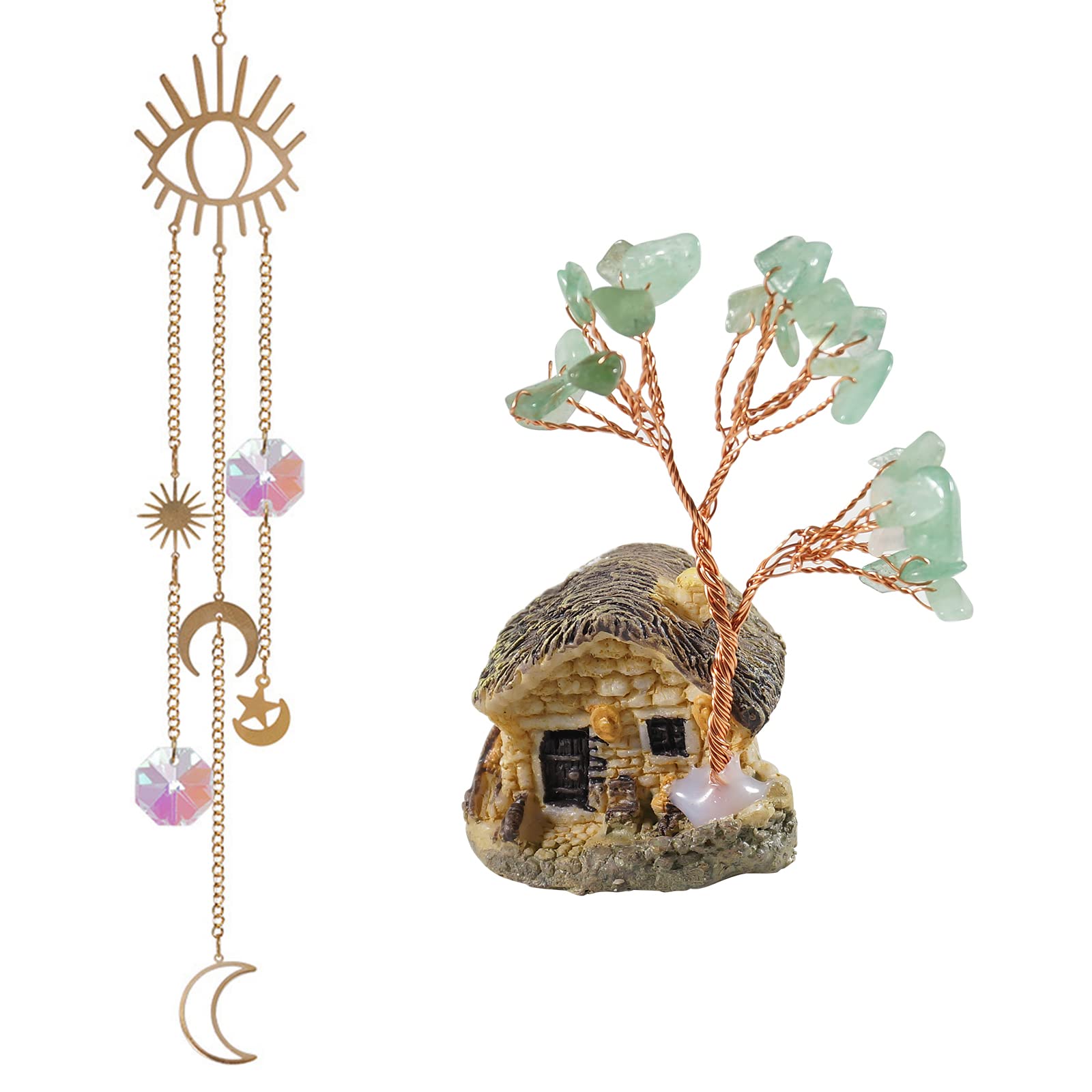 Soulnioi Natural Green Aventurine Crystal Mini Small House Tree House Ornament for Wealth Good Luck Home Desk Decor Feng Shui, Colorful Crystal Charm Pendant Gold Plated Evil Eyes