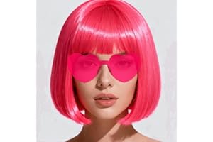 FSLLZCJY Short Bob Wigs with Heart Sunglasses and Hair Cap – Set of 3 | Colorful Colored Neon Wig Funny Cosplay Hairpieces for Halloween Party Costume (Pink)