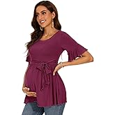 WOOXIO Women's Ruffle Maternity Tops Short Sleeve Wrap Tie Front Shirts Pregnancy Clothes