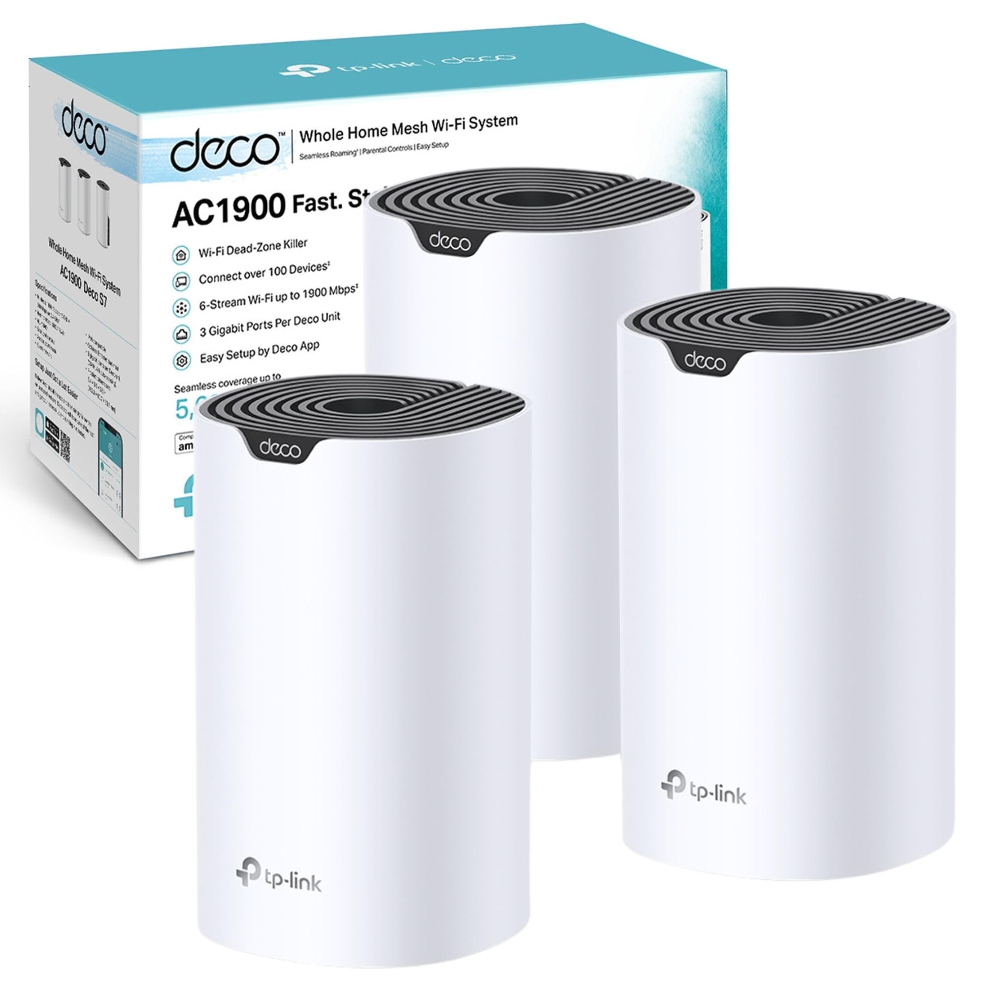 TP-Link Deco S7(3-pack) AC1900Mbps Whole Mesh WiFi System, Dual-Band WiFi Booster with Gigabit Ports, Coverage up to 5,600 ft2, Connect 150 devices, 1.2 GHz CPU, Work Amazon Alexa, Parental Controls