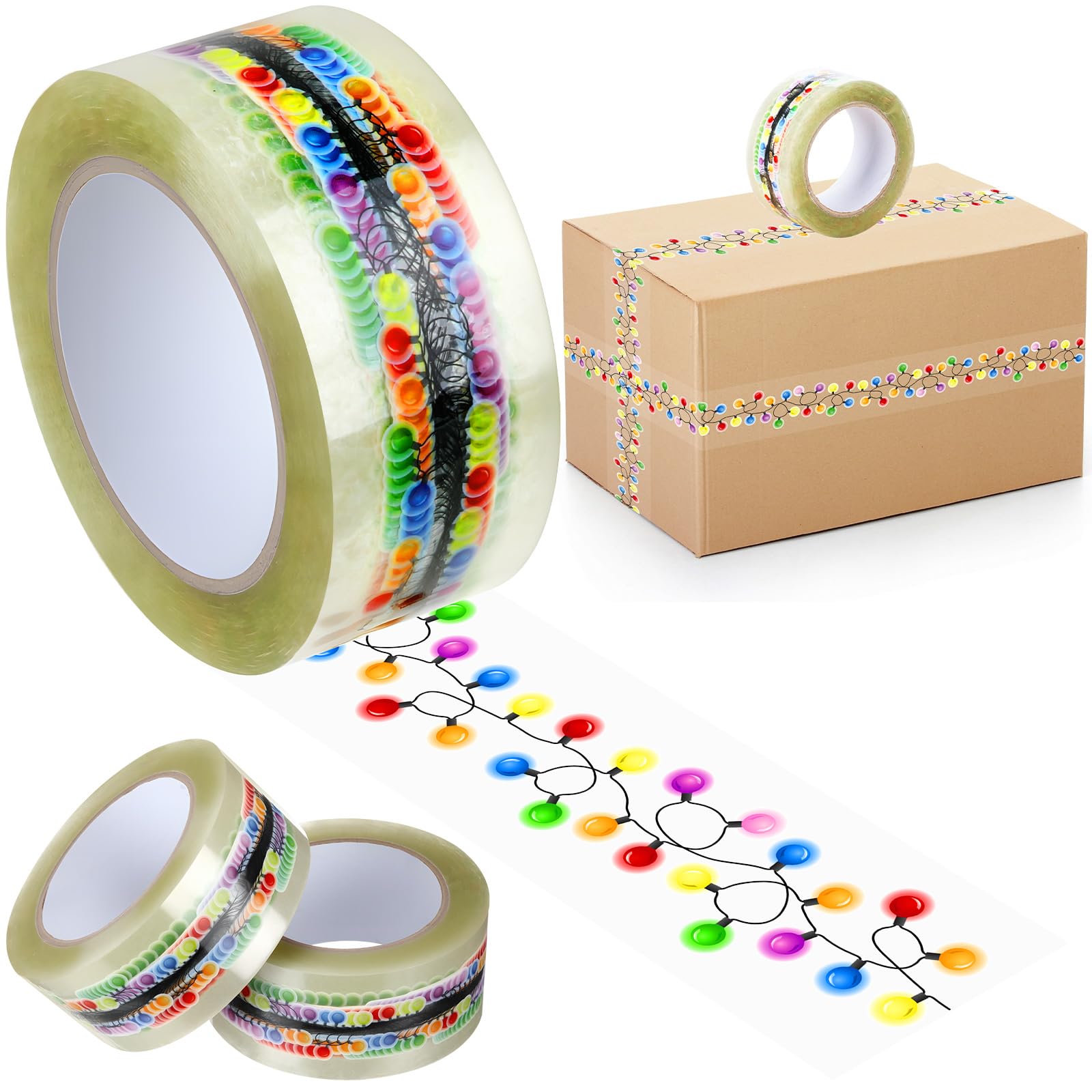Photo 1 of ***ONLY 1*** Dunzoom 2 Roll Christmas Packing Tape 1.89 Inch x 298.56ft Holiday Xmas Decoration Tapes Fun String Lights Design Waterproof Wrapping Package Gift Tape for DIY Crafts Box Packing Xmas Decor