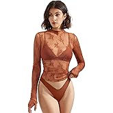 SUUKSESS Women Sexy Mesh Sheer Long Sleeve Tops Mock Neck Going Out Lace Shirts