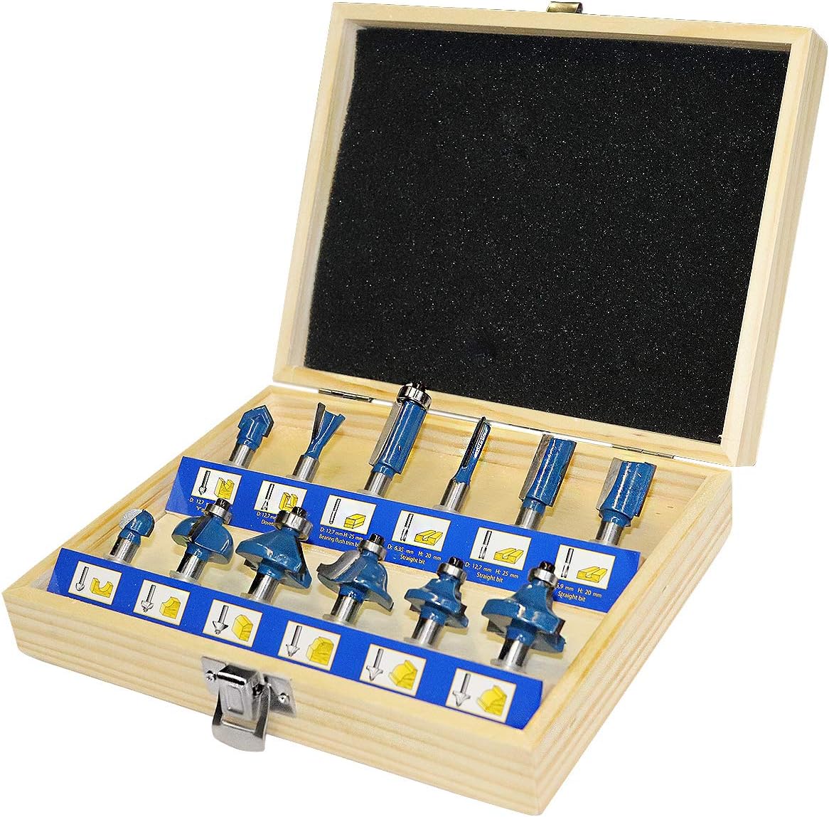 S&R Router Bit Set - 12-Piece Professional Woodworking Kit, blue, Coffret 12 Fraises Bois Tendre