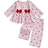 MOLZULAMS Valentines Day Toddler Girl Outfit Heart Pattern and Bow Ruffle Top Striped Pants 2pcs Set Baby Spring Clothes
